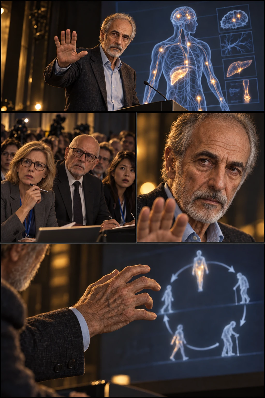 The mother of diseases. CRX-27 targets systemic biological aging: liver, kidneys, vessels, brain and bones together. The room erupts. Aris raises his hand.