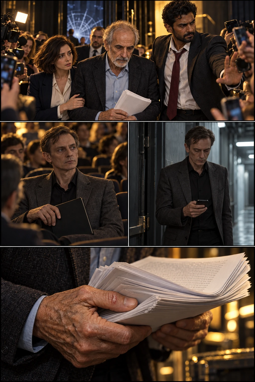 The blank notebook. Staff lead him offstage, Léa on one side, Rahul on the other. Rahul pushes a phone away from Aris’s face. Three steps from the curtain, Aris turns.